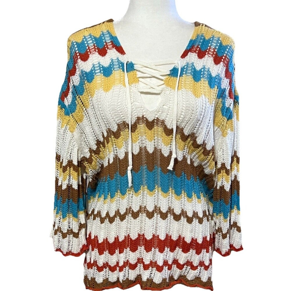 Boho Hippie Colorful Stripe Crochet Tunic Swim Cover  3/4 Sleeve Festival M/L